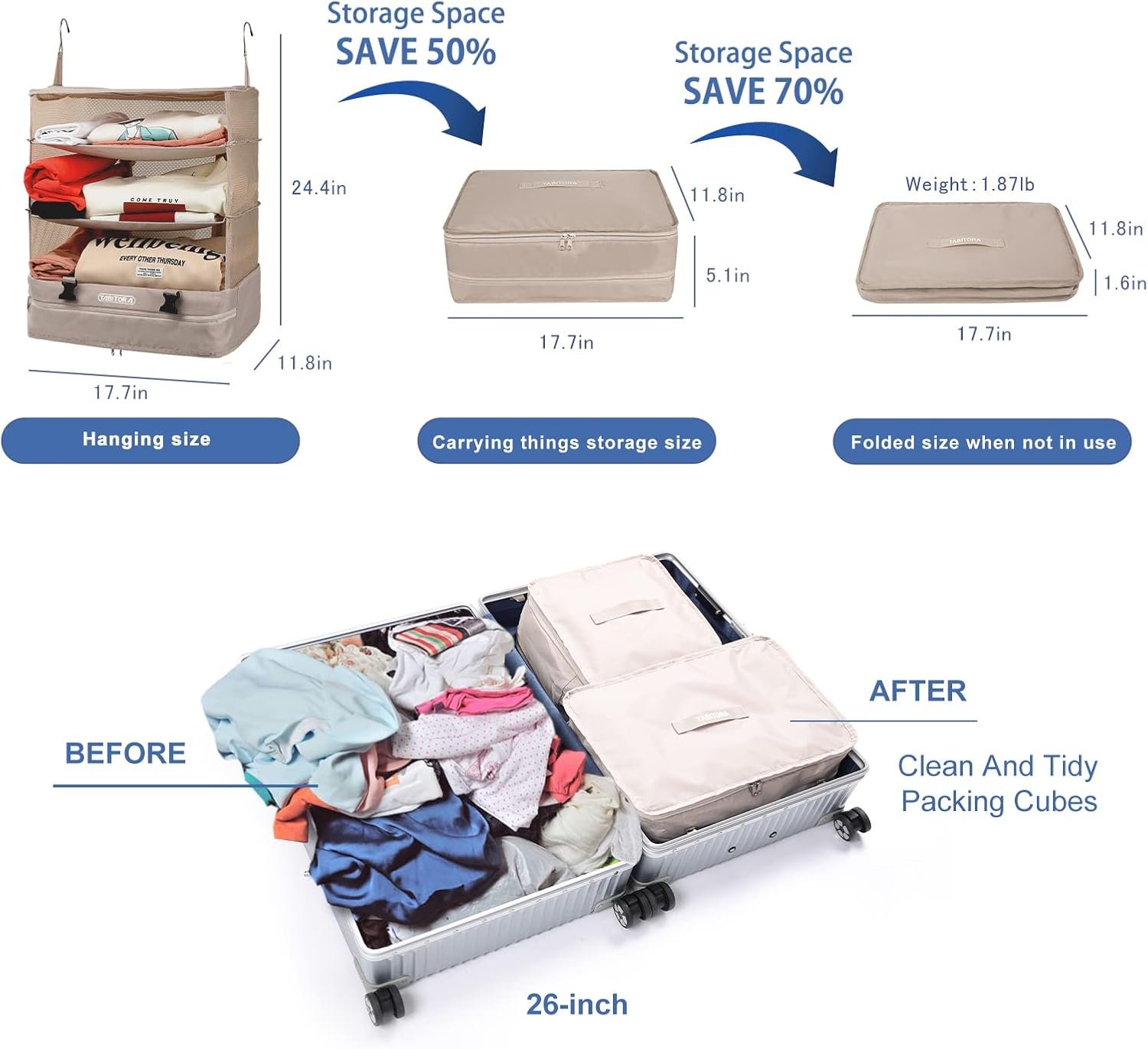 Custom Logo Portable Hanging Travel Shelves Bag Private Label Packing Cube Organizer Factory Suitcase Storage Large Capacity Beige XL