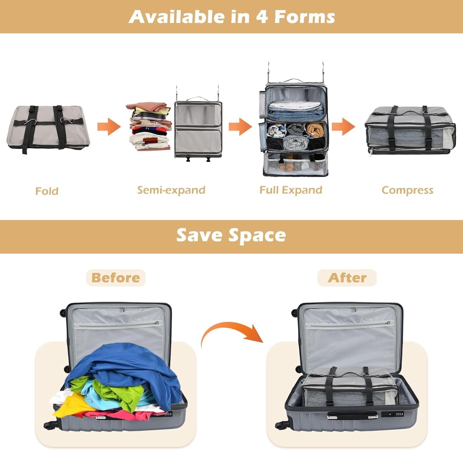 Custom Logo Hanging Shelves Travel Compression Packing Cube for Carry-on Luggage Suitcase Private Label Collapsible Transformable Garment Closet Organizers Large Capacity Light Grey XXL Factory