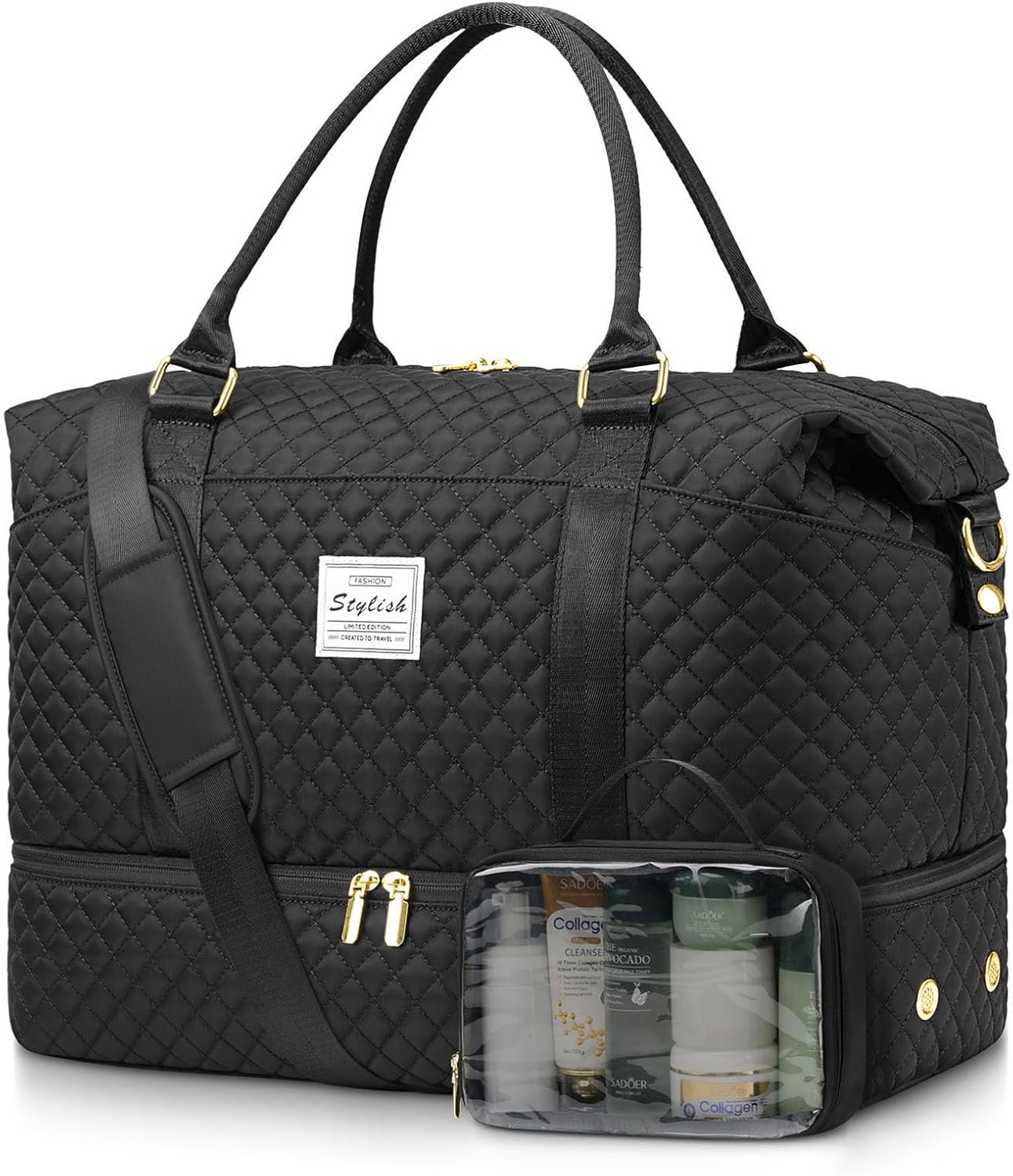 Private Label Womens Large Weekender Travel Duffel Overnight Bags with Shoe Compartment Carry On Tote Toiletry Gym Yoga Weekend Wet Pocket Custom Logo Hospital Labor Delivery Manufacturer Black