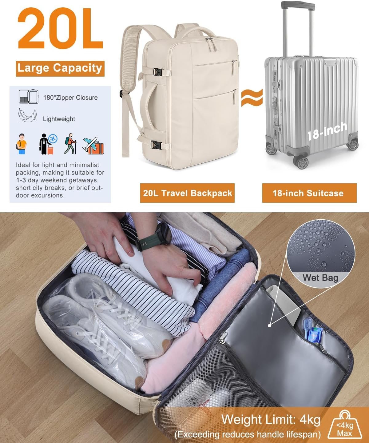 Custom Logo Waterproof Laptop Travel Backpack Airlines Approved Carry On for Men Women Private Label Fits 15.6 Inch Laptop from Factory (Beige)