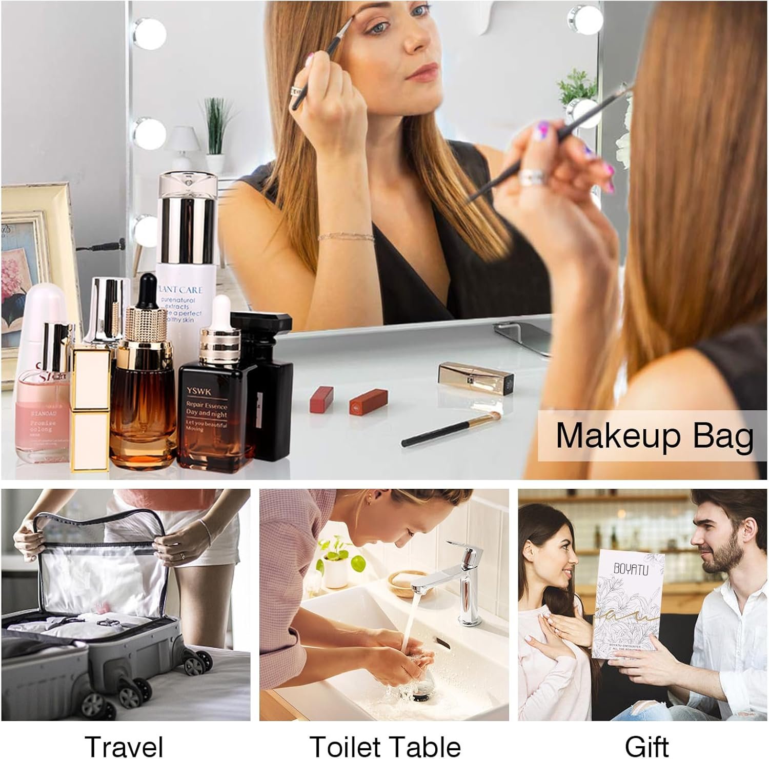 Private Label 3 Pcs Large Capacity Travel Makeup Bags Floral Cosmetic Organizer Manufacturer with Compartments Waterproof Leather Toiletry Bag with Handle Custom Logo for Women (01-Light Blue)