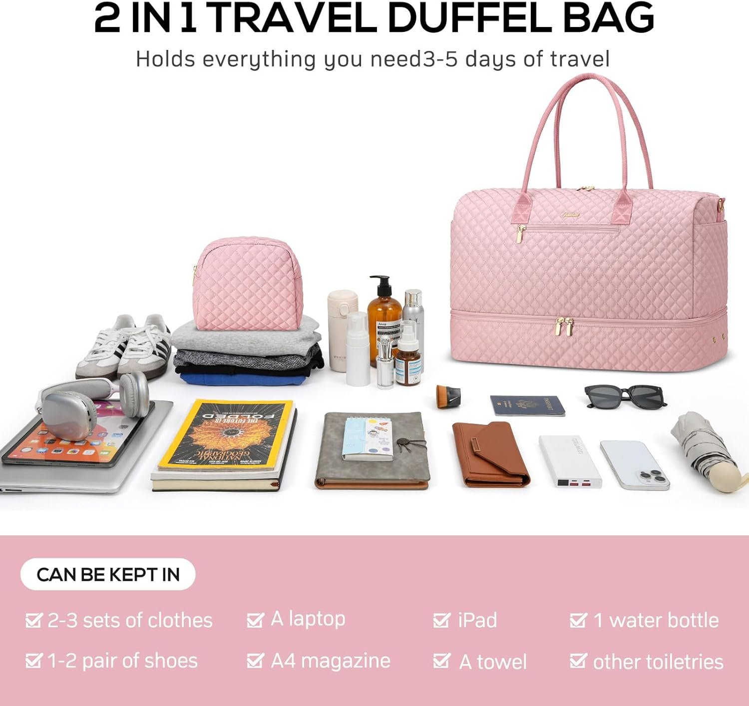 Custom Logo Womens Travel Weekender Duffle Bags with Shoe Compartment Private Label Carry-On Overnight Duffel Bag with Toiletry Bag Wet Pocket for Gym Hospital Labor Delivery Pink Manufacturer