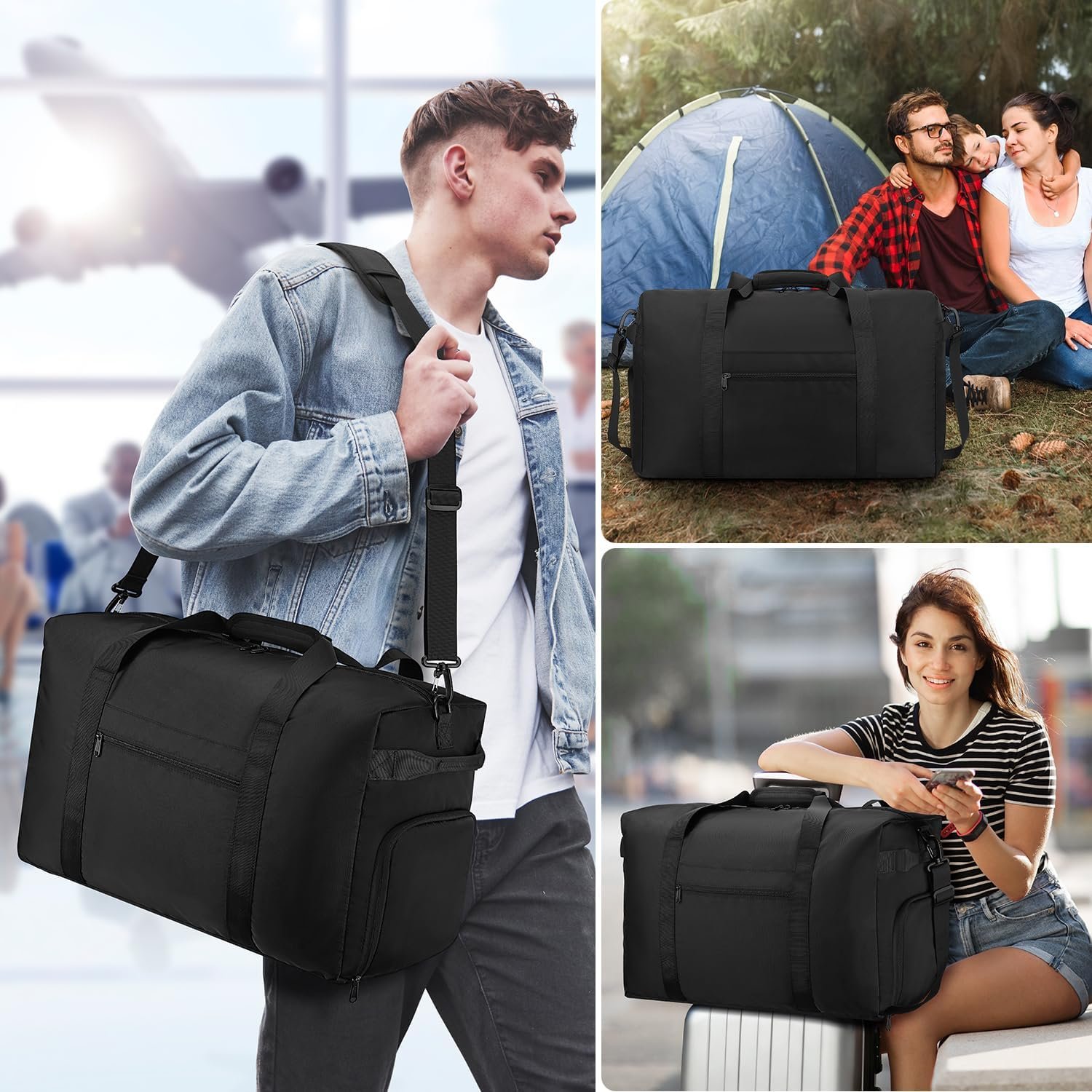 Factory Carry On Luggage 22x14x9 Airline Approved 45L Waterproof Duffel Bag with Shoe Compartment Custom Logo Weekender Overnight Gym Private Label Black Factory Carry On Luggage 22x14x9 Airline Approved 45L Waterproof Duffel Bag with Shoe Compartment Custom Logo Weekender Overnight Gym Private Label Black