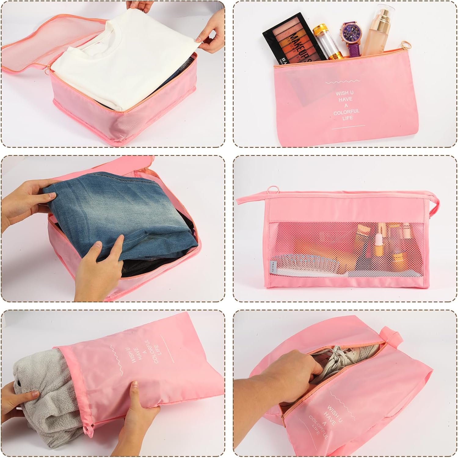 Custom Logo 7PCS Packing Cubes Private Label Suitcase Travel Organizer Bags Manufacturer for Carry-On Luggage Essentials Pink