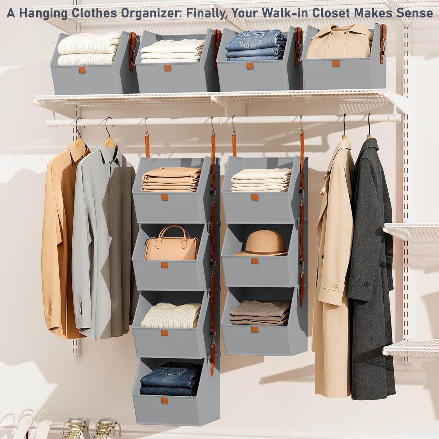 Private Label 4 Tier Collapsible Hanging Closet Organizer Fabric Shelves with Hooks Zipper Manufacturer Space-Saving Storage Basket Custom Logo for RV Bedroom Laundry