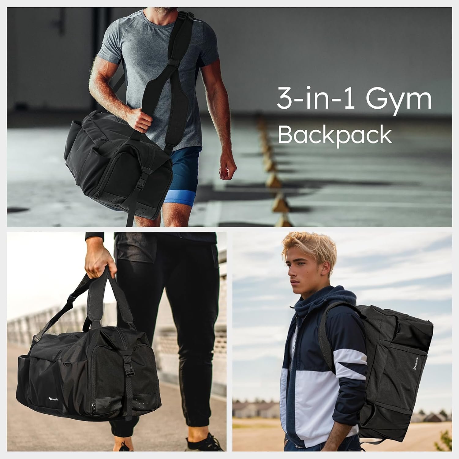 Private Label Gym Bag for Men with Shoes Compartment Wet Pocket Custom Logo Convertible Duffle Gym Backpack Waterproof Sports Bag 2 Bottle Holders Multipurpose Weekender Overnight Manufacturer - Black