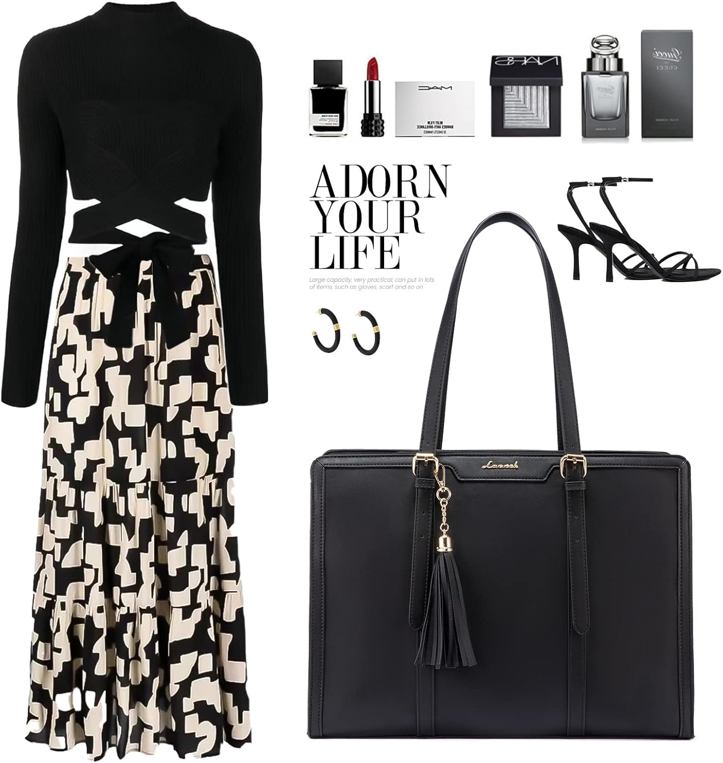 Custom Logo 15.6 Inch Women's Lightweight PU Laptop Tote Bag Large Capacity with Clutch Purse for Business Office Travel Private Label Manufacturer Black Leather