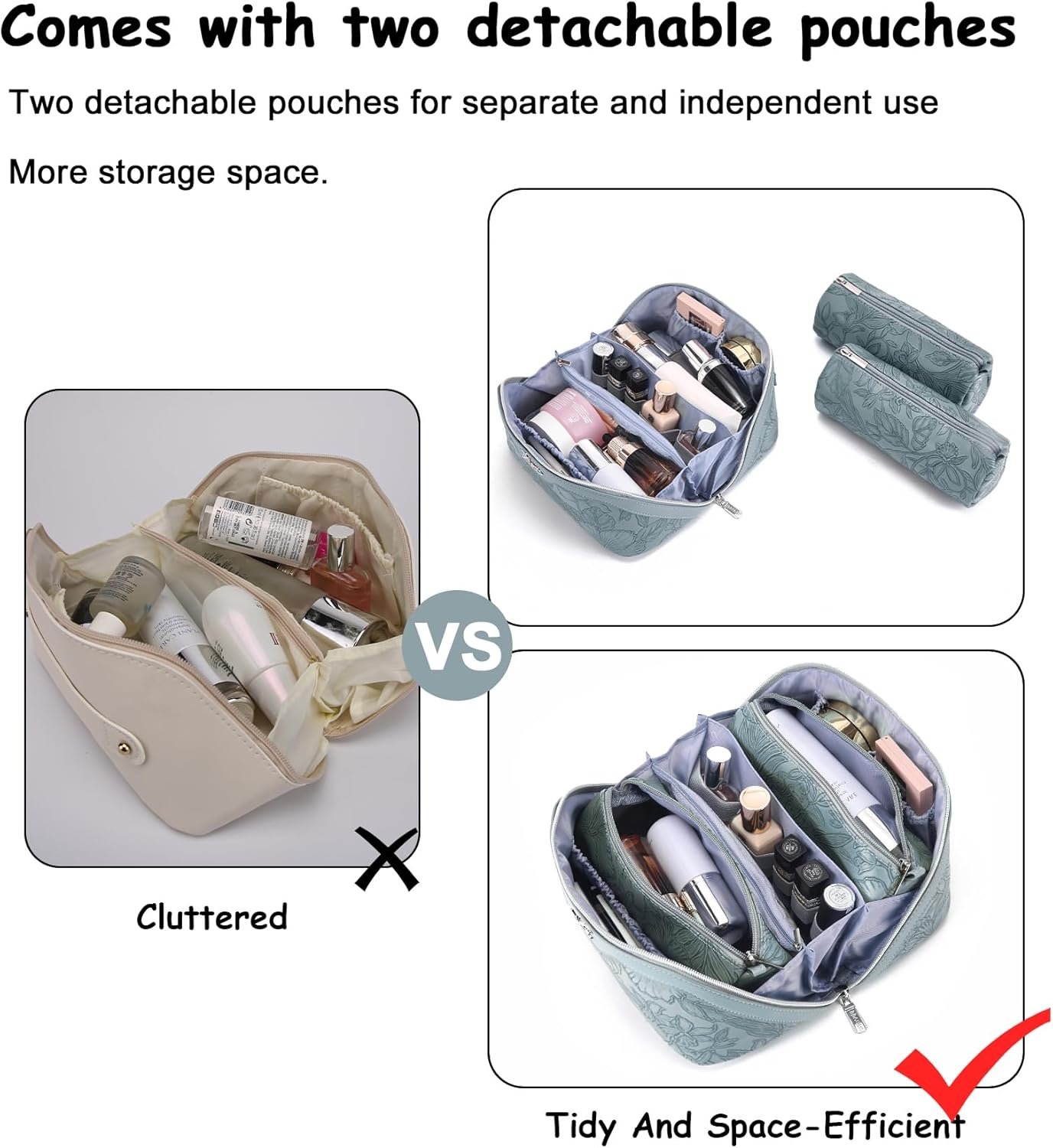 Private Label 3 Pcs Large Capacity Travel Makeup Bags Floral Cosmetic Organizer Manufacturer with Compartments Waterproof Leather Toiletry Bag with Handle Custom Logo for Women (01-Light Blue)