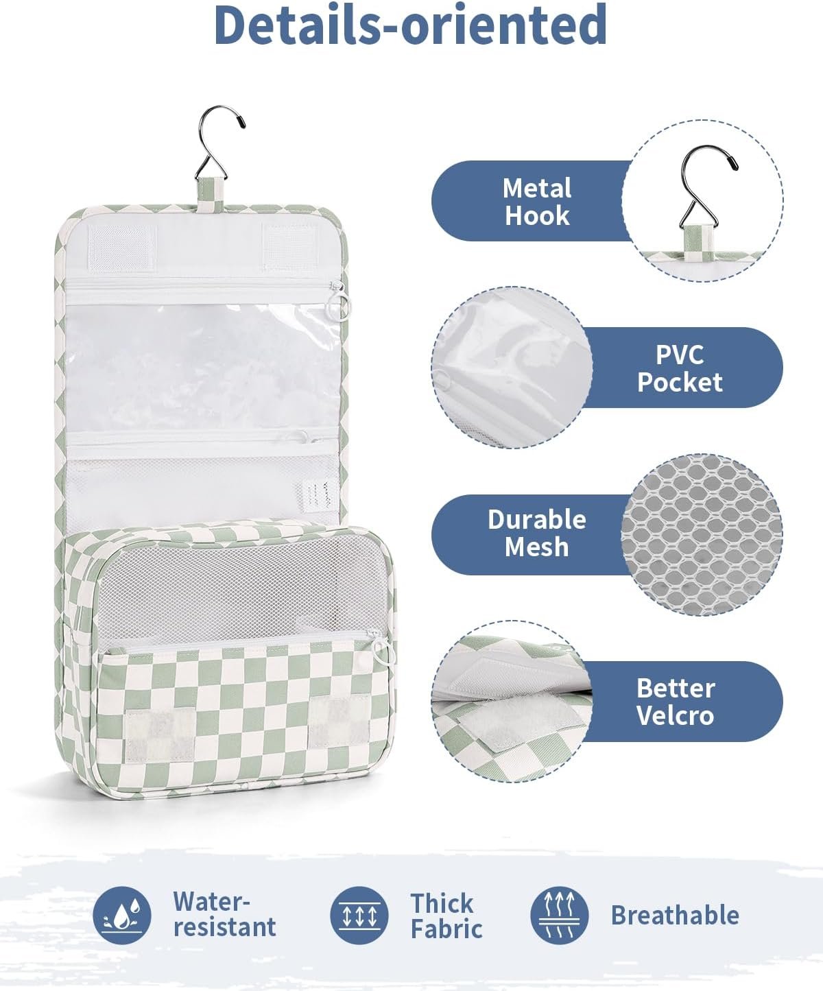 Private Label Small Hanging Travel Toiletry Bag for Traveling Women, Custom Logo Checkered Makeup Cosmetic Organizer Manufacturer (Mint Green Checkerboard)