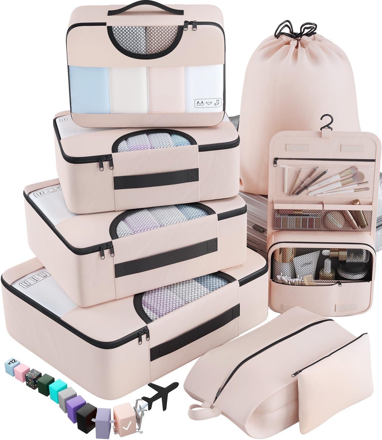 Manufacturer 8 Set Packing Cubes Travel Gifts for Women Mom Custom Logo Carry-On Suitcase Organizer Bags with Hanging Toiletry Bag and Large Laundry Bag Private Label Travel Essentials Luggage Accessories for Cruise Ship