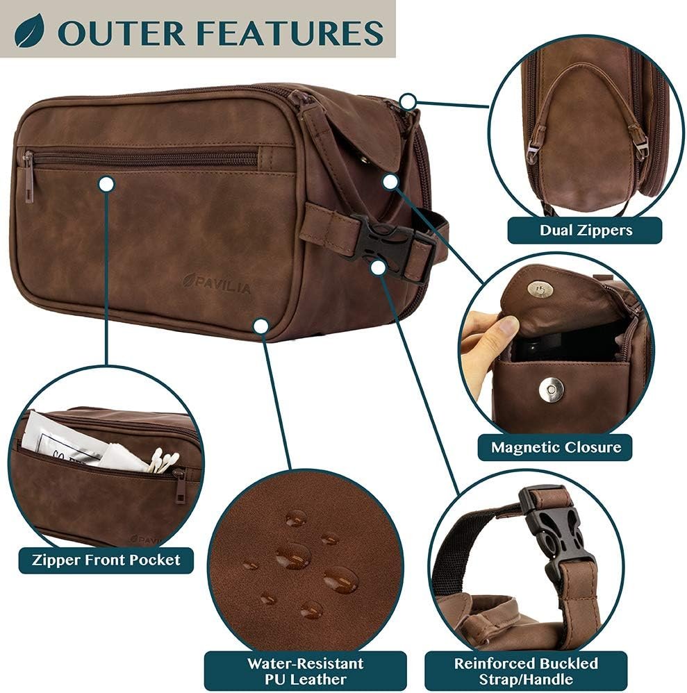 Private Label Toiletry Bag for Men Travel Essentials Shaving Dopp Kit Custom Logo Mens Toiletries Organizer Grooming Case Factory PU Leather Water Resistant Cosmetic Pouch (Dark Brown)