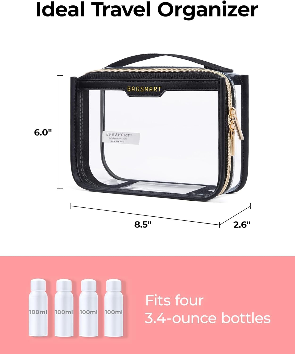 Custom Logo TSA Approved Clear Quart Size Toiletry Bag, Private Label Travel Makeup Cosmetic Pouch for Women, Manufacturer Pack of 2 Black Organizer