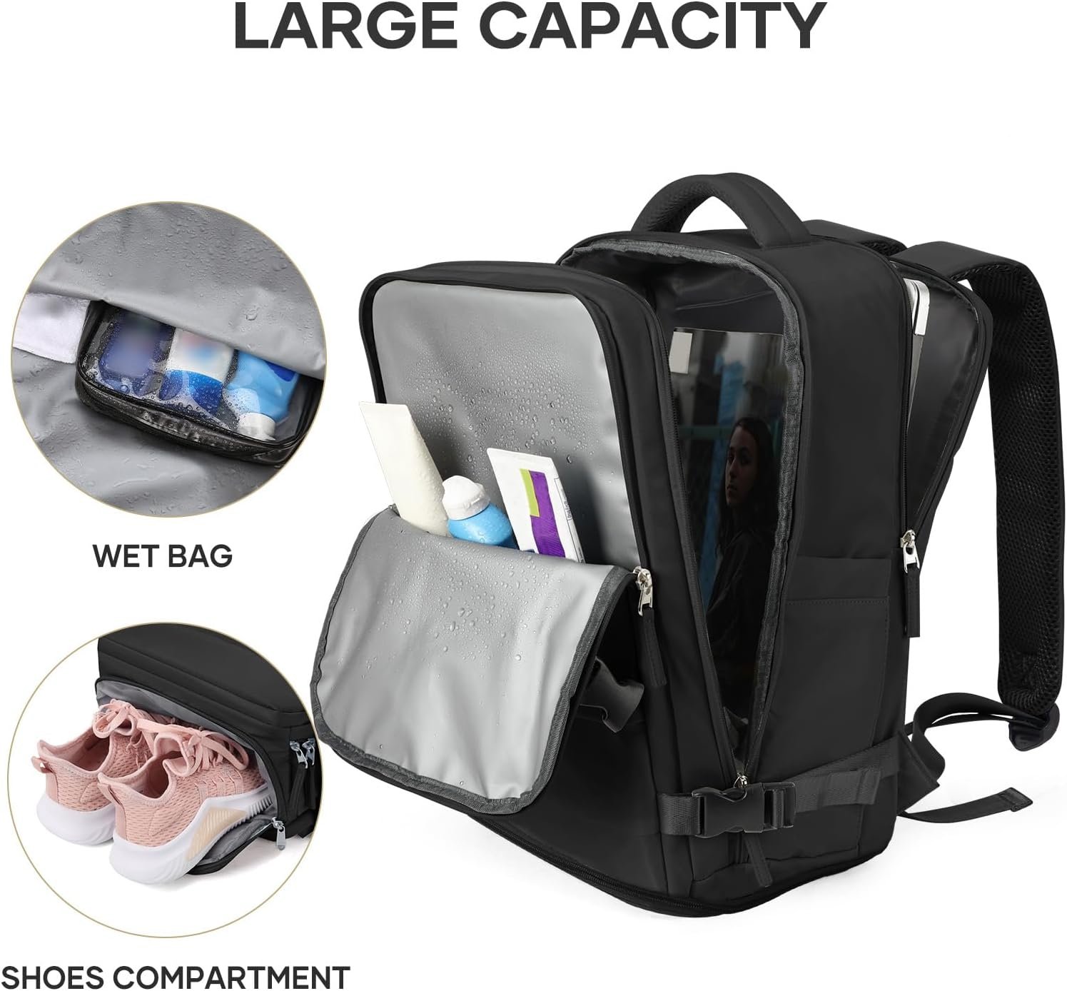 Private Label Large Carry-On Travel Backpack for Men Women Flight Approved Waterproof Hiking Daypack Fits 15.6 Inch Laptop Shoes Compartment with Custom Logo Black Manufacturer