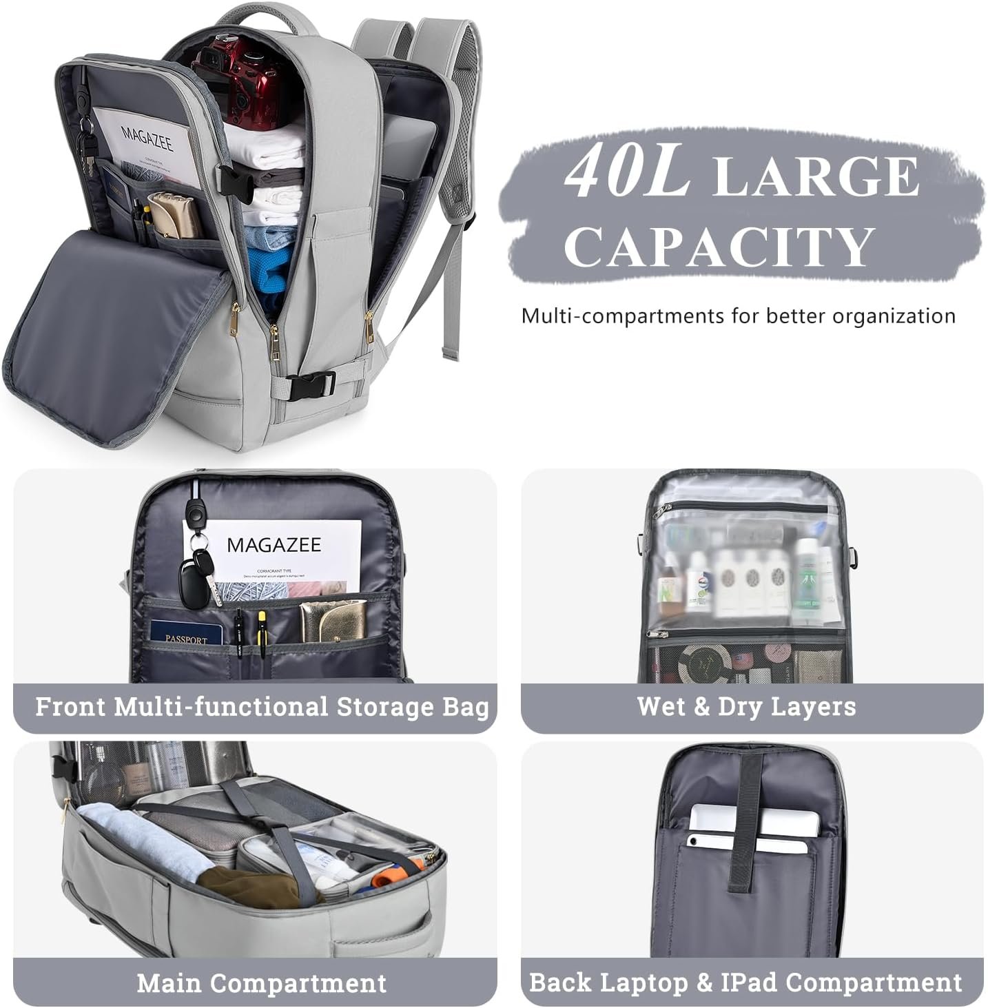 Custom Logo 40L 17 Inch Laptop Carry On Flight Approved Travel Backpack Private Label Waterproof Personal Item Bag for Business Work College School Weekend Manufacturer Gray