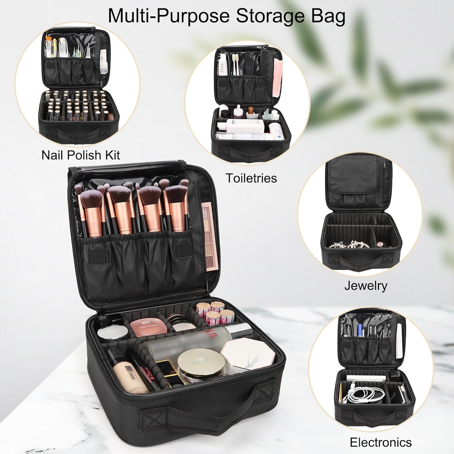 Private Label Travel Makeup Train Case Cosmetic Organizer Portable Artist Storage Bag with Custom Logo Adjustable Dividers for Makeup Brushes Toiletry Jewelry Digital Accessories Manufacturer Black