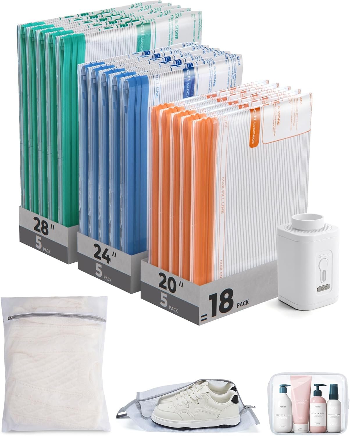 Private Label Vacuum Storage Bags with Rechargeable Air Pump, Custom Logo Portable Space Saver Bags for Travel & Home, Manufacturer Vacuum Compression Seal Bags for Clothing Blankets 18 Pack Multicolor