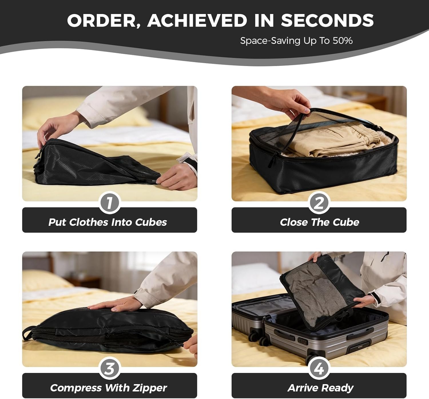 Custom Logo Ultralight 8-Set Compression Packing Cubes for Travel Private Label Suitcase Luggage Organizers with Toiletry Laundry Bags Manufacturer Black