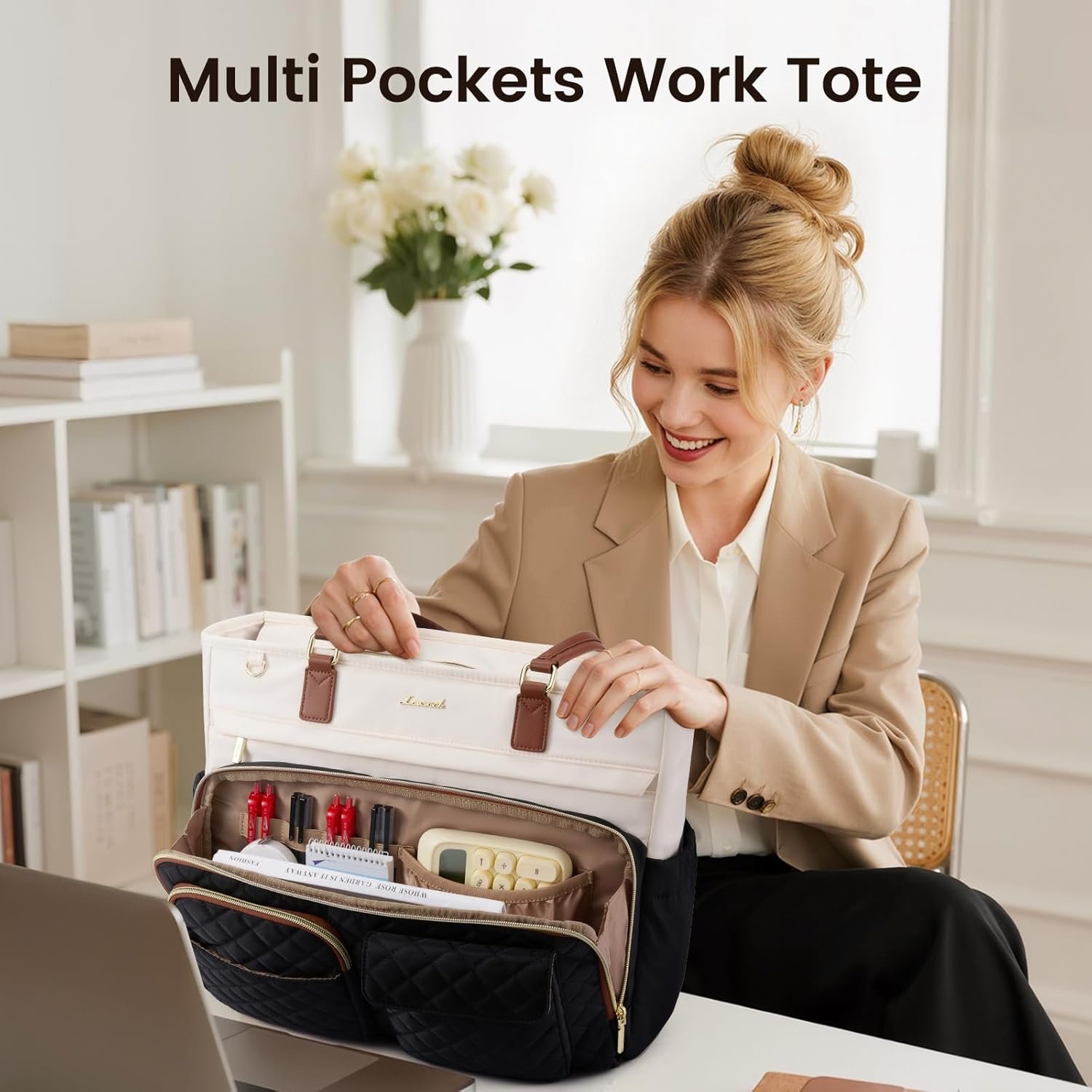 Private Label Teacher Tote Bag for Women Laptop 15.6 Inch with Large Cup Holder Custom Logo Multi-Pocket Nurse Water-Resistant Business Travel Briefcase Handbag Diaper Bag Mother Gift Factory