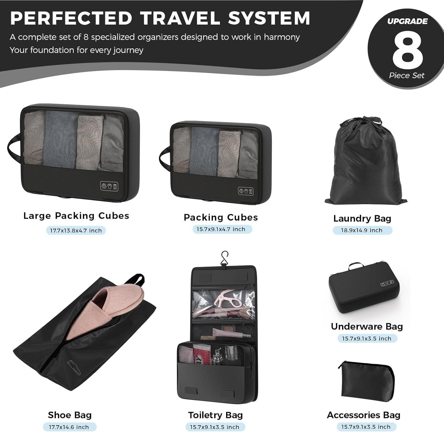 Custom Logo Ultralight 8-Set Compression Packing Cubes for Travel Private Label Suitcase Luggage Organizers with Toiletry Laundry Bags Manufacturer Black