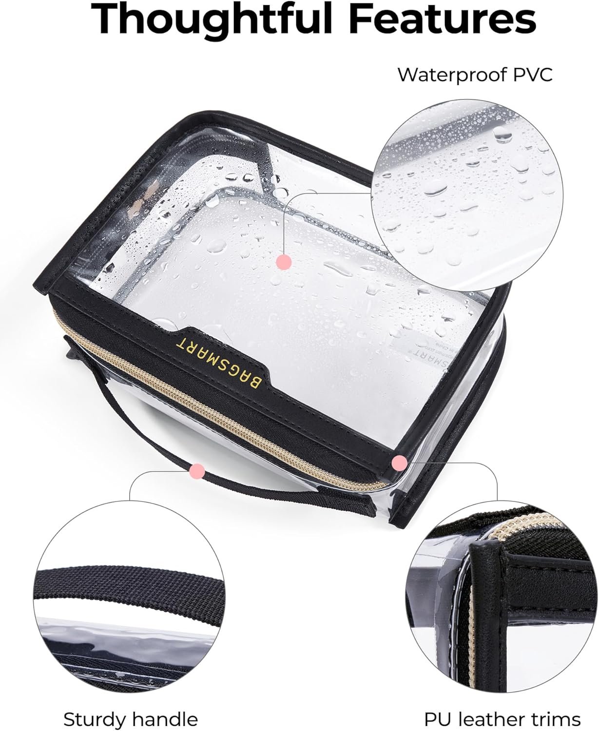 Custom Logo TSA Approved Clear Quart Size Toiletry Bag, Private Label Travel Makeup Cosmetic Pouch for Women, Manufacturer Pack of 2 Black Organizer