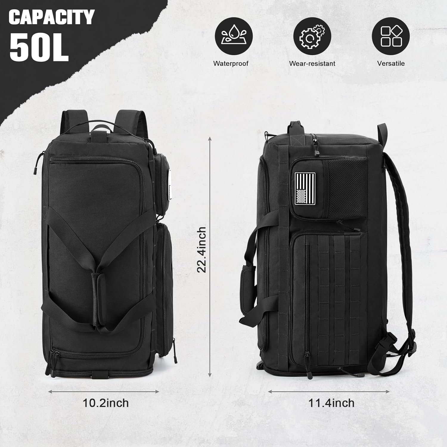 Private Label 3-in-1 50L Large Travel Duffle Bag Gym Sports Tactical Military Backpack with Custom Logo Shoes Compartment Wet Pocket Factory (Black)