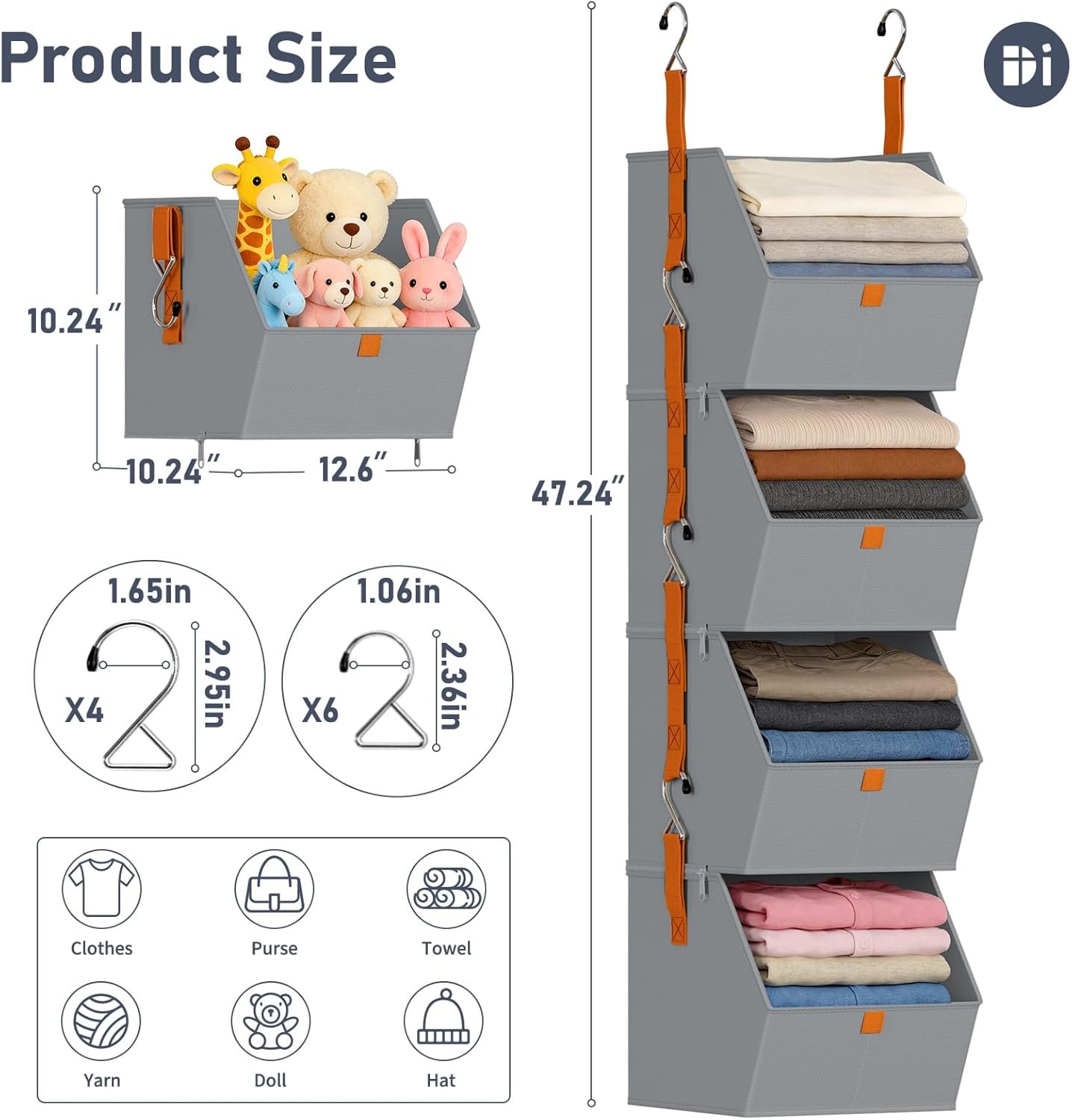Private Label 4 Tier Collapsible Hanging Closet Organizer Fabric Shelves with Hooks Zipper Manufacturer Space-Saving Storage Basket Custom Logo for RV Bedroom Laundry