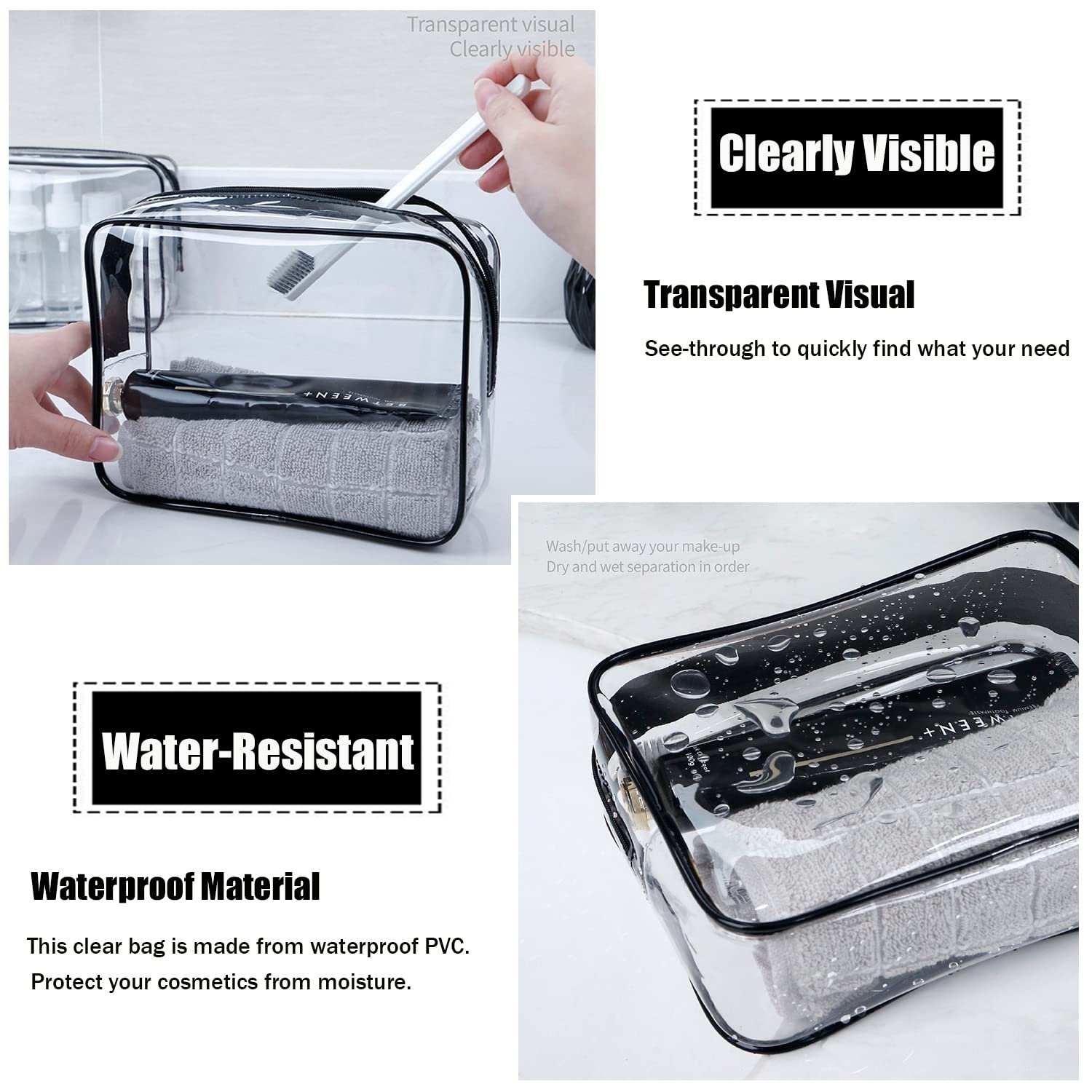 Custom Logo 3 Pcs TSA Approved Clear Quart Size Toiletry Bags Private Label Travel Makeup Cosmetic Carry-On Compliant for Men Women Airport Airline Black from Factory