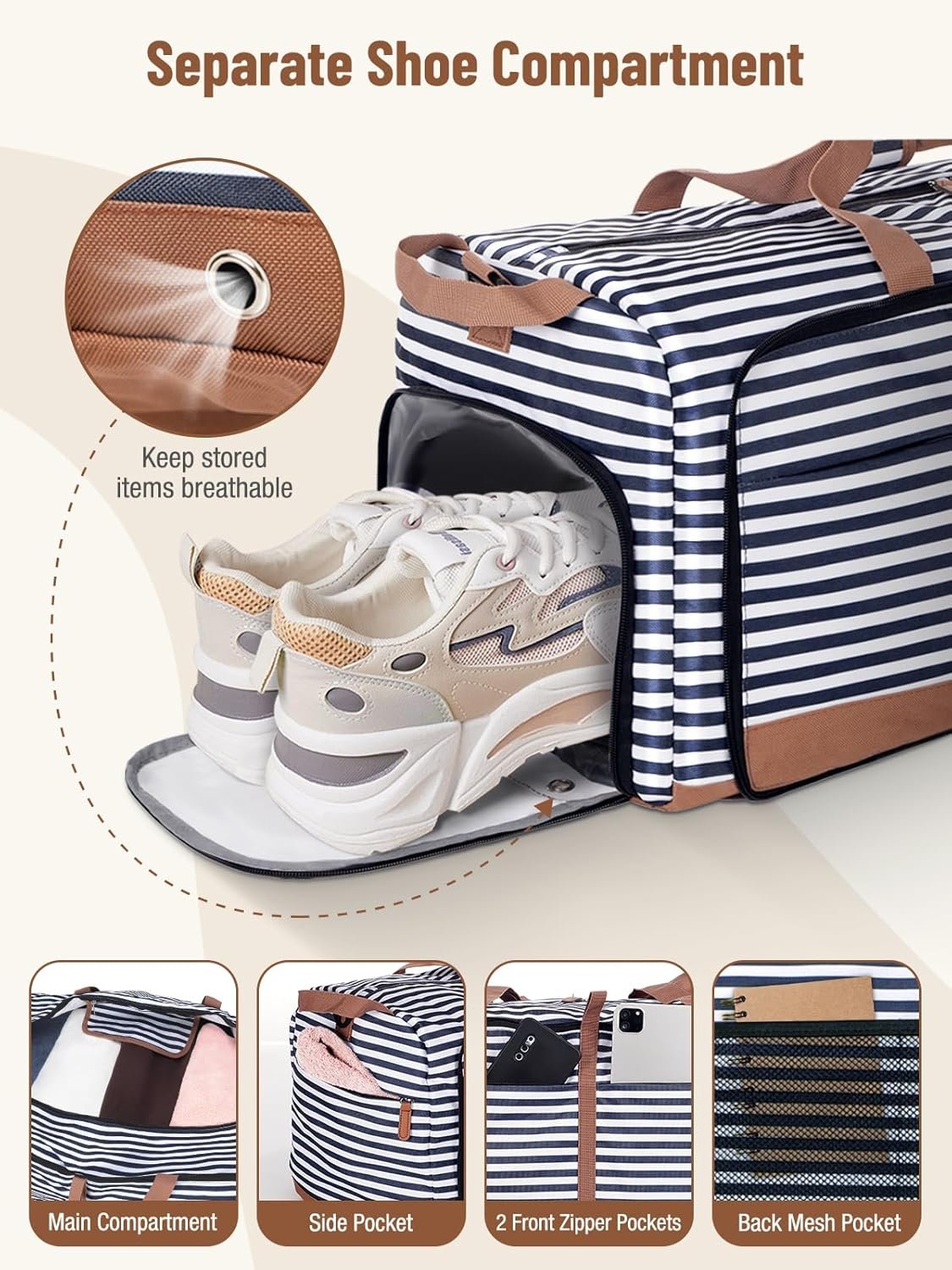 Private Label Foldable 80L Travel Duffel Bag for Women with Separate Shoe Compartments and Straps Custom Logo Carry-On Weekend Hospital Overnight Bag Blue Stripes Manufacturer