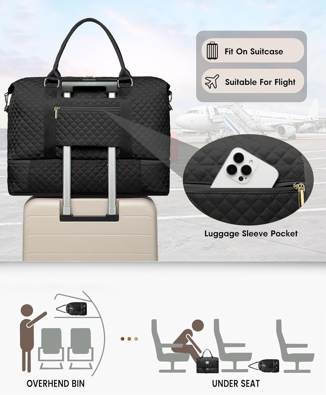 Private Label Womens Large Weekender Travel Duffel Overnight Bags with Shoe Compartment Carry On Tote Toiletry Gym Yoga Weekend Wet Pocket Custom Logo Hospital Labor Delivery Manufacturer Black