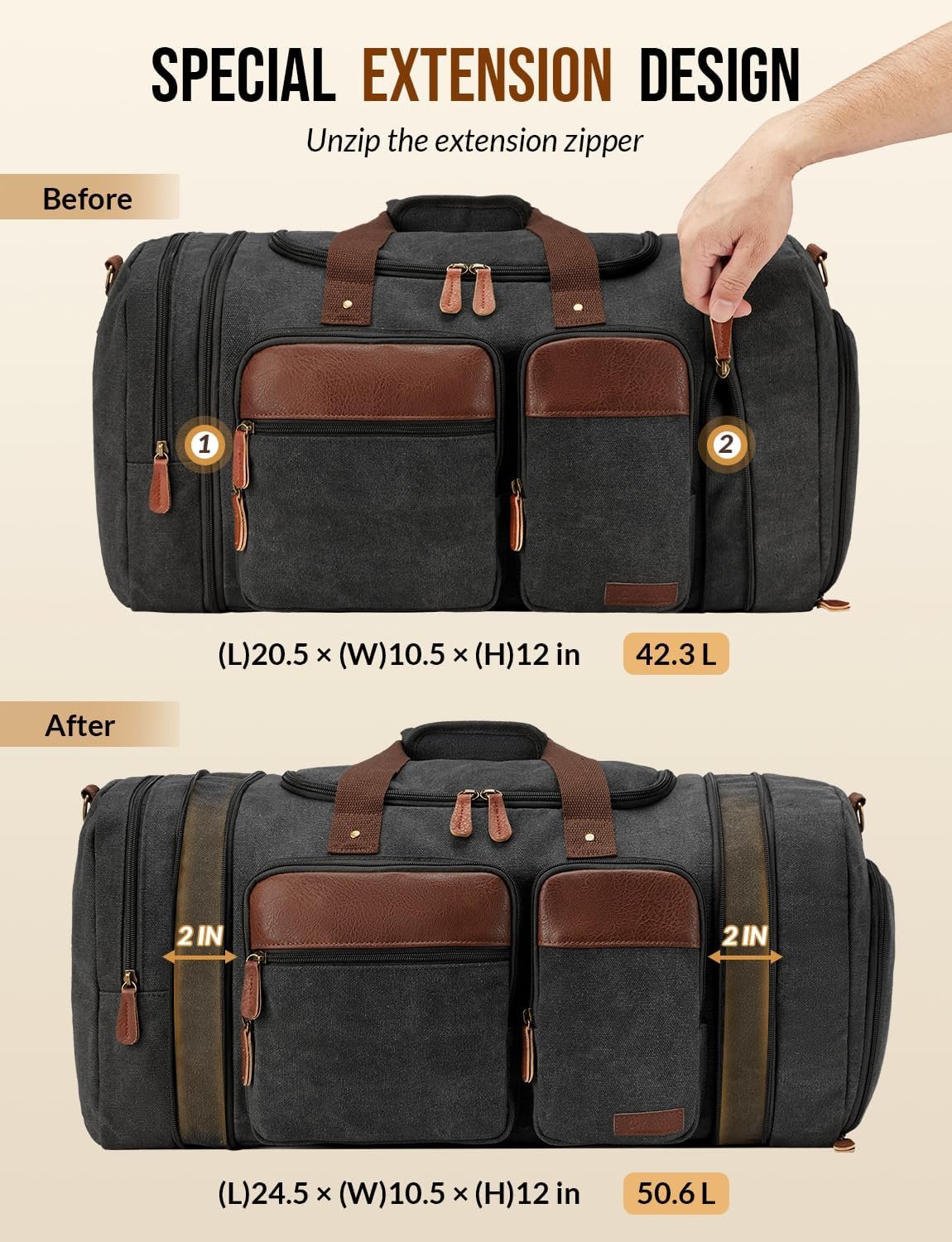 Custom Logo 50L Expandable Canvas Duffel Bag for Men Women Travel Overnight Weekend Gym with Shoes Compartment Private Label by Manufacturer Dark Grey