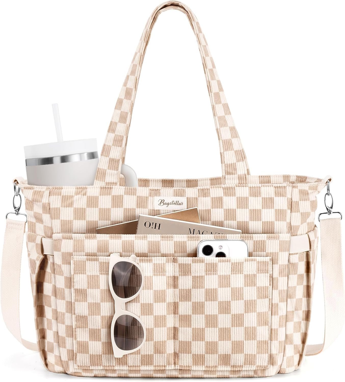 Private Label Corduroy Tote Bag for Women 17 Pockets Laptop Work Tote Lightweight Teacher Nurse Bible Bag School Travel with 40oz Cup Holder Custom Logo Multi Compartment Zipper Crossbody College Shoulder Bag Daily Purse with Strap from Factory