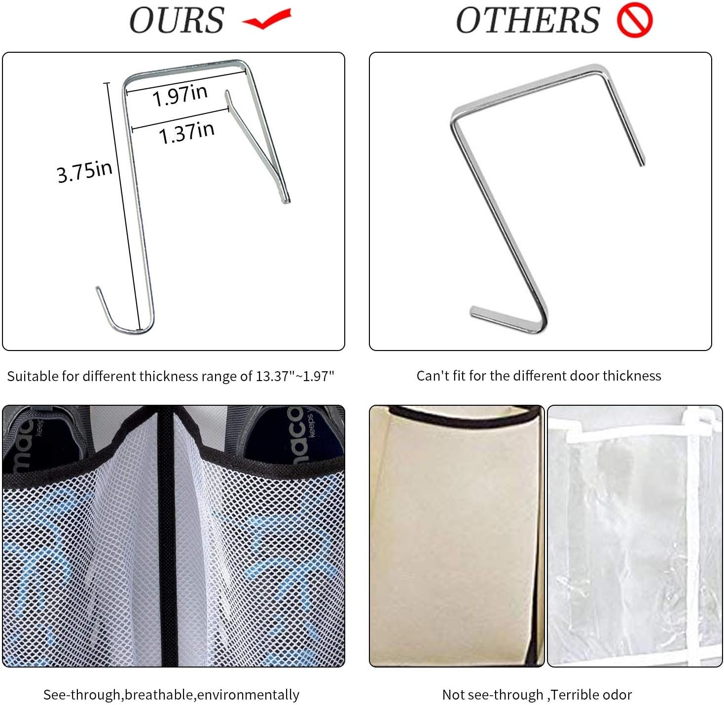 Private Label Over-the-Door Shoe Organizer 2 Pack with Mesh Pockets - Custom Logo Hanging Shoe Rack Shoe Storage Closet 4 Hooks Washable Breathable Fabric - Large Size 57.5×12.6inch Grey Manufacturer