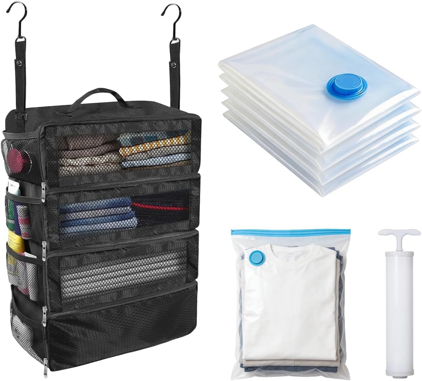 Factory Portable Hanging Collapsible Packing Cubes Suitcase Travel Organizer for Carry-On Luggage Private Label with 5 Medium Vacuum Storage Bags Hand Pump Custom Logo Black