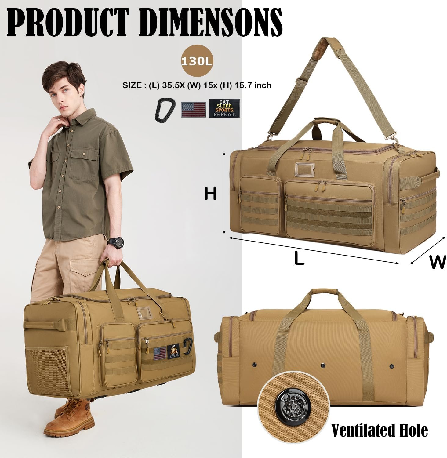 Custom Logo 130L Extra Large Heavy Duty Duffle Bag for Men Travel Sports Gym Equipment Private Label for Hockey Football Soccer Baseball Basketball Team Training 130L Brown from Manufacturer
