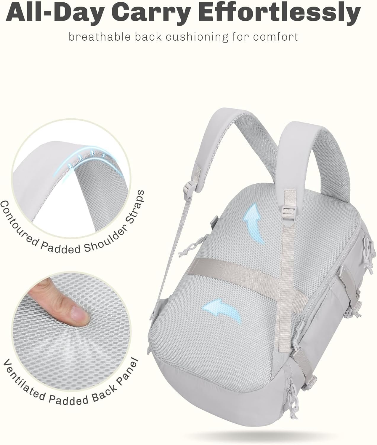 Private Label 16-Inch Lightweight Flight-Approved Travel Laptop Backpack Manufacturer 20L Carry-On Weekender Daypack Custom Logo Light Grey Blue