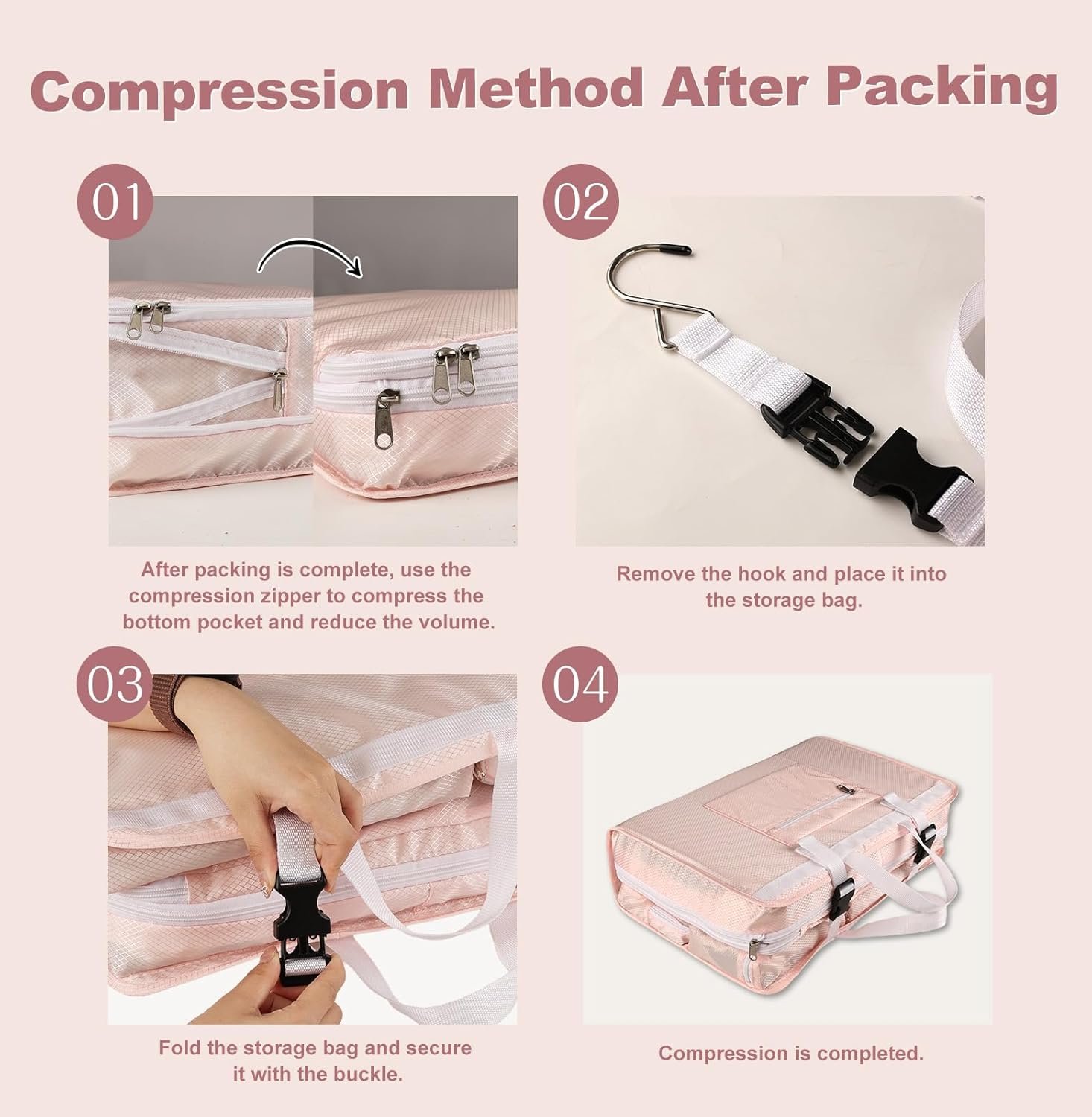 Manufacturer Travel Clothes Organizer Portable Hanging Compression Packing Cubes Private Label Large Capacity Suitcase Storage Custom Logo Carry On Closet (Pink)