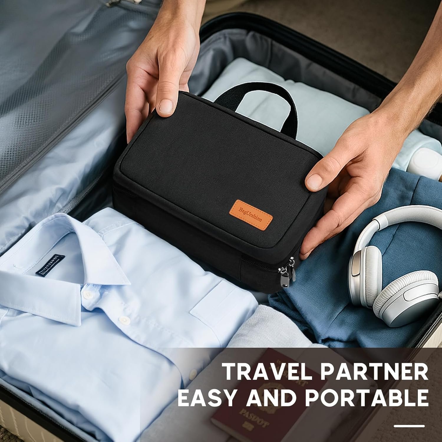 Private Label Men's Toiletry Bag, Custom Logo Travel Toiletry Organizer and Essentials, Water Resistant Shaving Bag Factory - Black