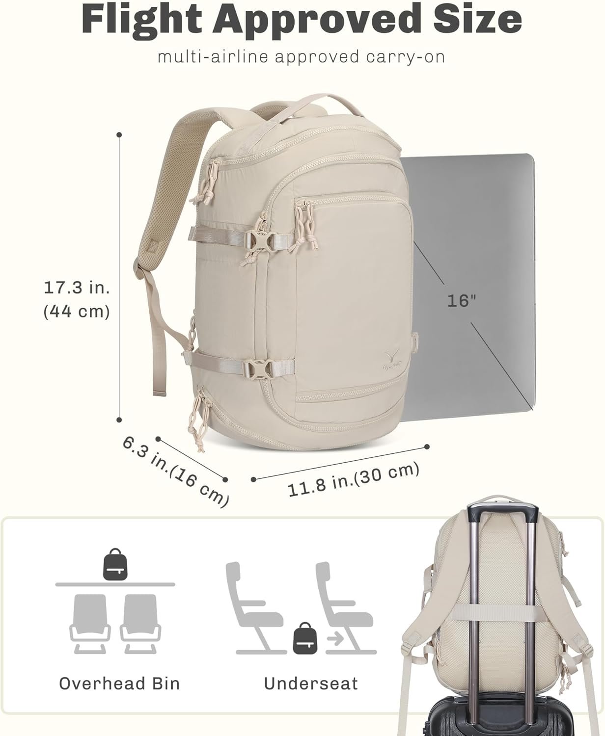 Custom Logo 16 Inch Laptop Travel Backpack Lightweight Flight Approved Carry-On Private Label Weekender Daypack 20L Manufacturer Beige