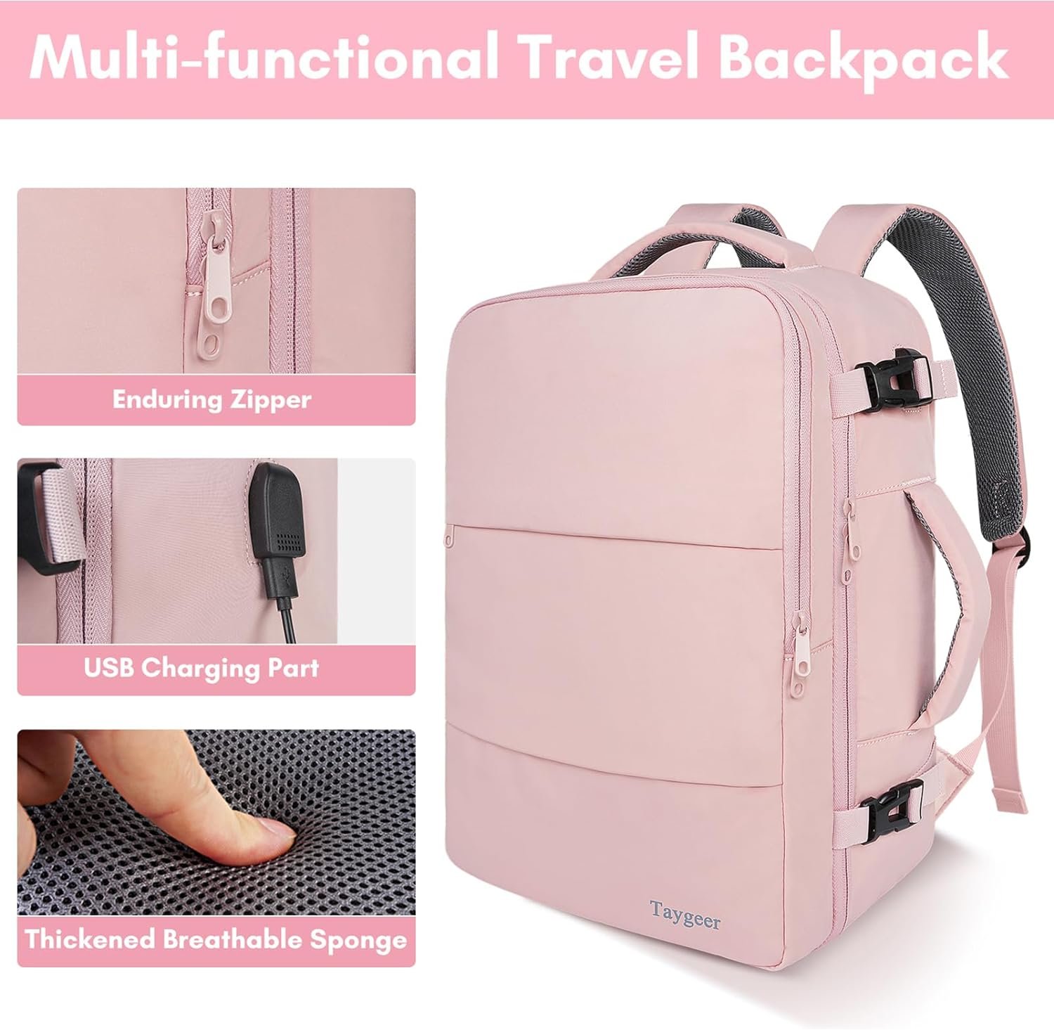 Private Label Travel Backpack for Women Carry On with USB Charging Port and Shoe Pouch Custom Logo TSA 15.6 Inch Laptop Flight Approved Nurse Bag Casual Daypack Weekender Business Hiking Supplier Pink