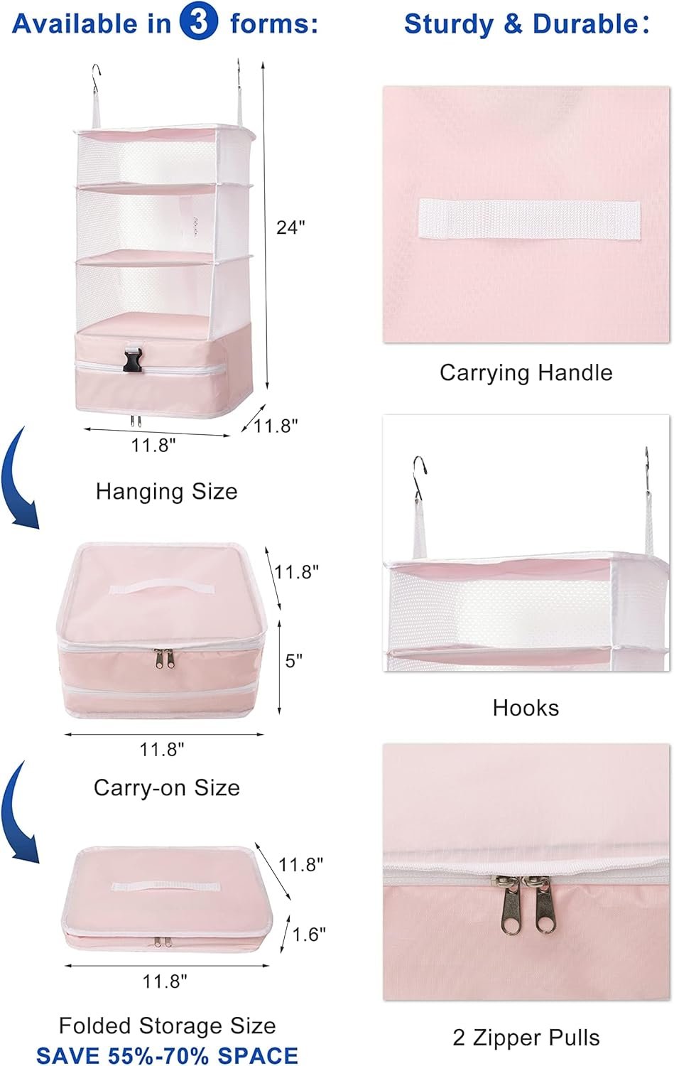 Custom Logo Hanging Packing Cubes Portable Closet Shelves Private Label Travel Collapsible Compression Garment Organizer for Carry-on Luggage Suitcase with Breathable Perforated Material Large 11.8 x 11.8 x 24 in Pink Factory