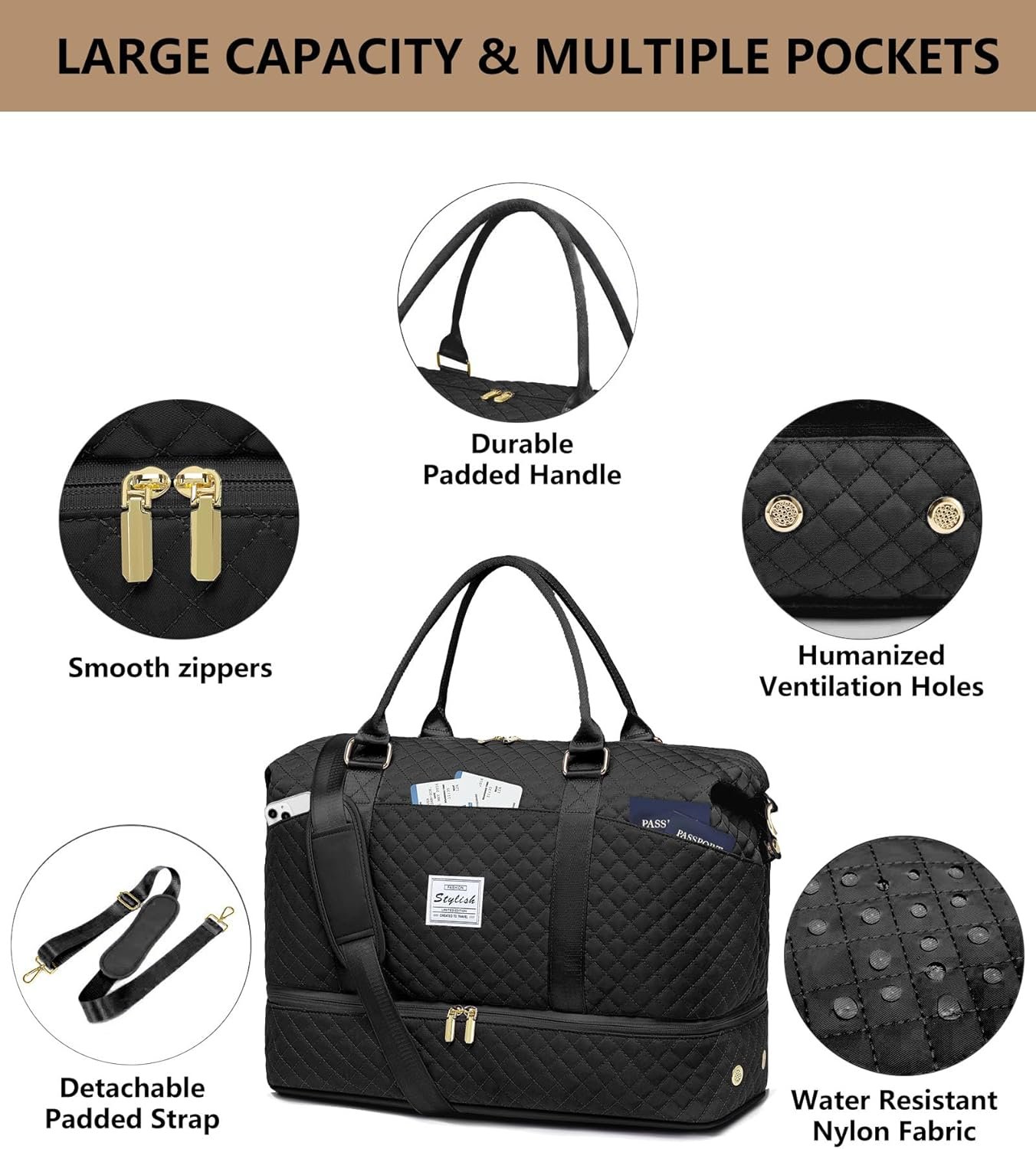 Private Label Womens Large Weekender Travel Duffel Overnight Bags with Shoe Compartment Carry On Tote Toiletry Gym Yoga Weekend Wet Pocket Custom Logo Hospital Labor Delivery Manufacturer Black