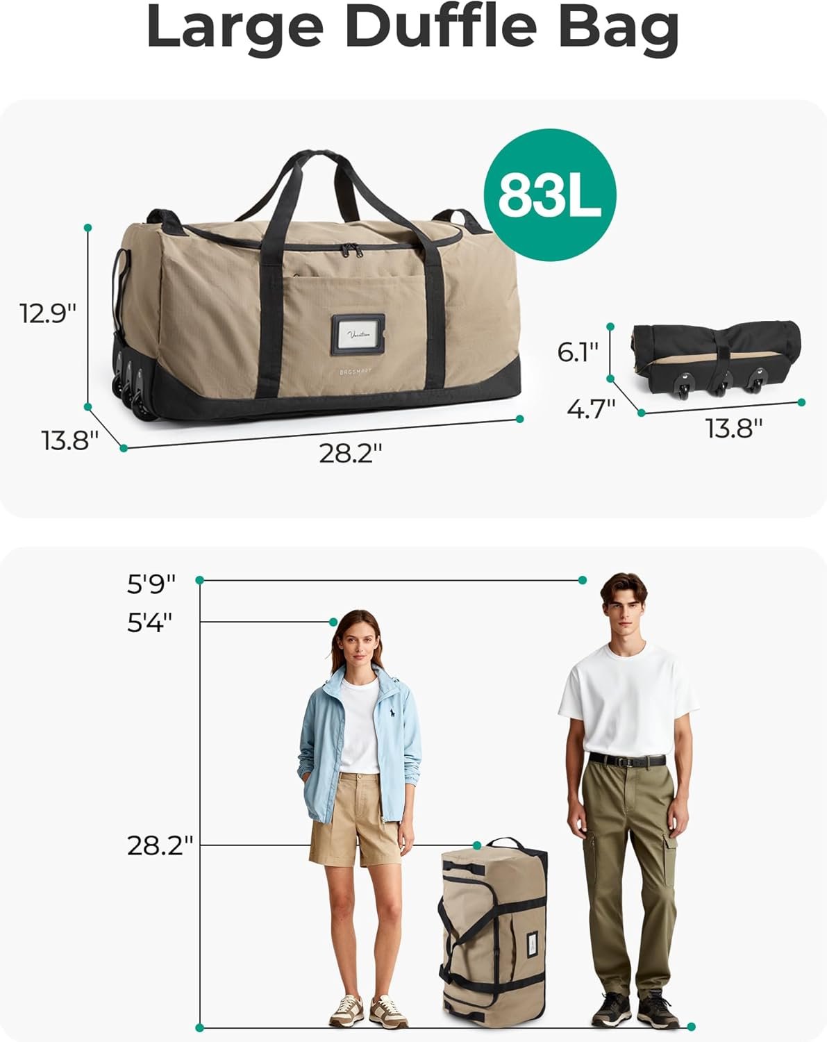 Private Label 83L Foldable Large Travel Duffle Weekender Bag with Custom Logo for Sport College Camping Water Resistant Brown Manufacturer