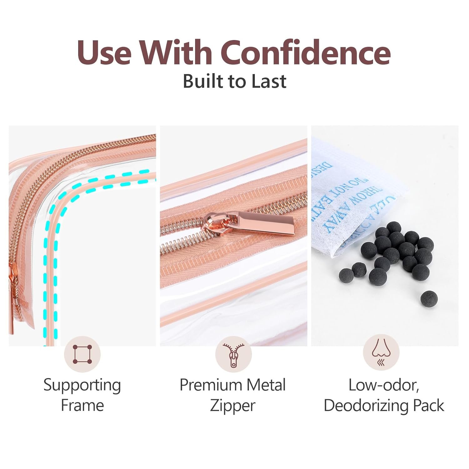 Private Label TSA Approved Clear Toiletry Bag 3 Pack Medium Quart Size for 3-1-1 Liquids with Custom Logo Metal Smooth Zipper Travel Makeup Bag for Women Men Airport Compliant Manufacturer Rose Pink