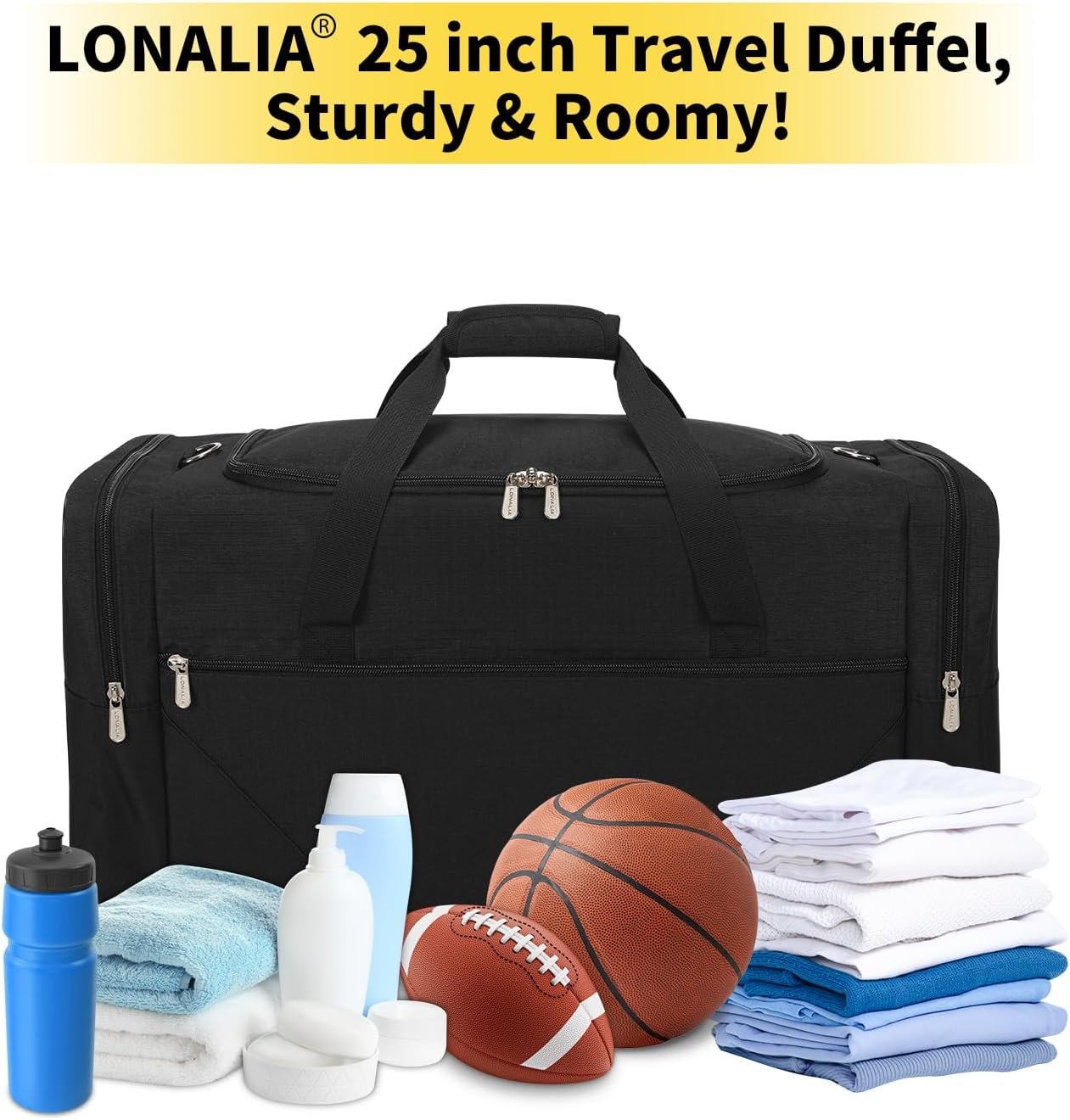 Private Label 25 in Large Travel Duffel Bag for Men with Custom Logo - 56L Roomy Weekender Bag with Trolley Sleeve from Manufacturer (Black)