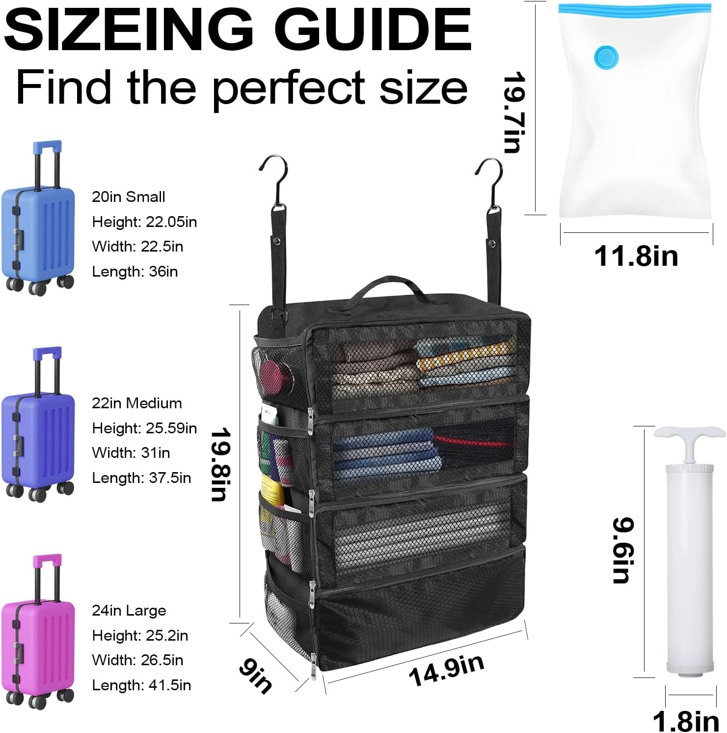 Factory Portable Hanging Collapsible Packing Cubes Suitcase Travel Organizer for Carry-On Luggage Private Label with 5 Medium Vacuum Storage Bags Hand Pump Custom Logo Black