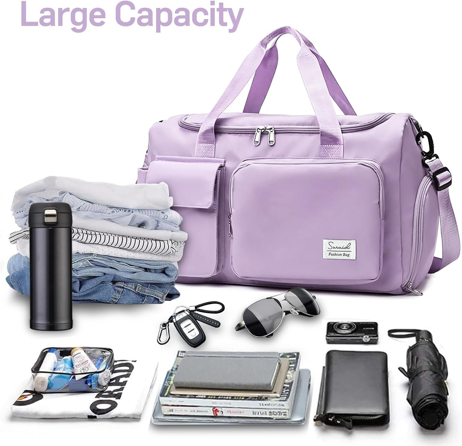 Private Label Travel Duffel Bag with Shoes Compartment and Dry Wet Separated Pocket Sports Gym Overnight Weekender Yoga Training Bag for Men and Women Custom Logo Manufacturer Purple