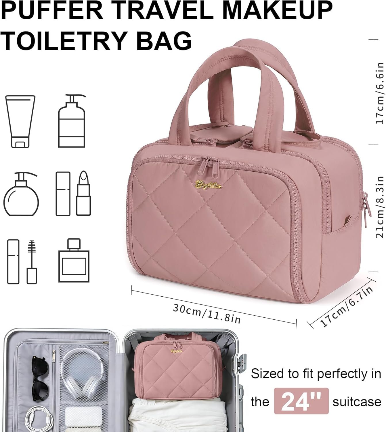 Supplier Large Wide-Open Puffy Travel Toiletry Bag Custom Logo Lightweight Quilted Makeup Cosmetic Organizer Water-Resistant with Handle Dark Pink Private Label
