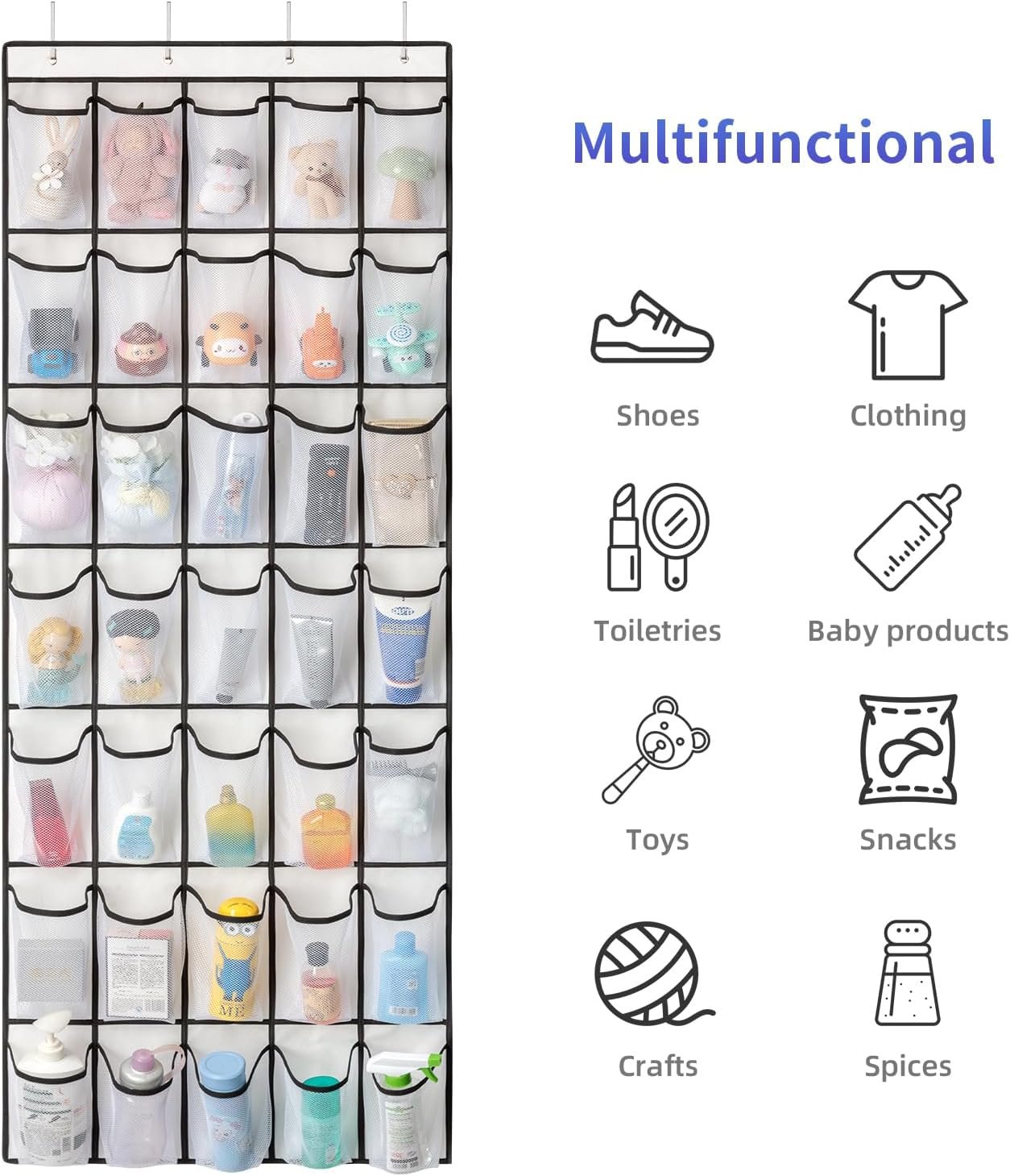 Private Label 35 Pockets Over the Door Shoe Organizer Manufacturer of Large Capacity Mesh Pockets Hanging Storage 4 Metal Hooks Custom Logo White 1Pack