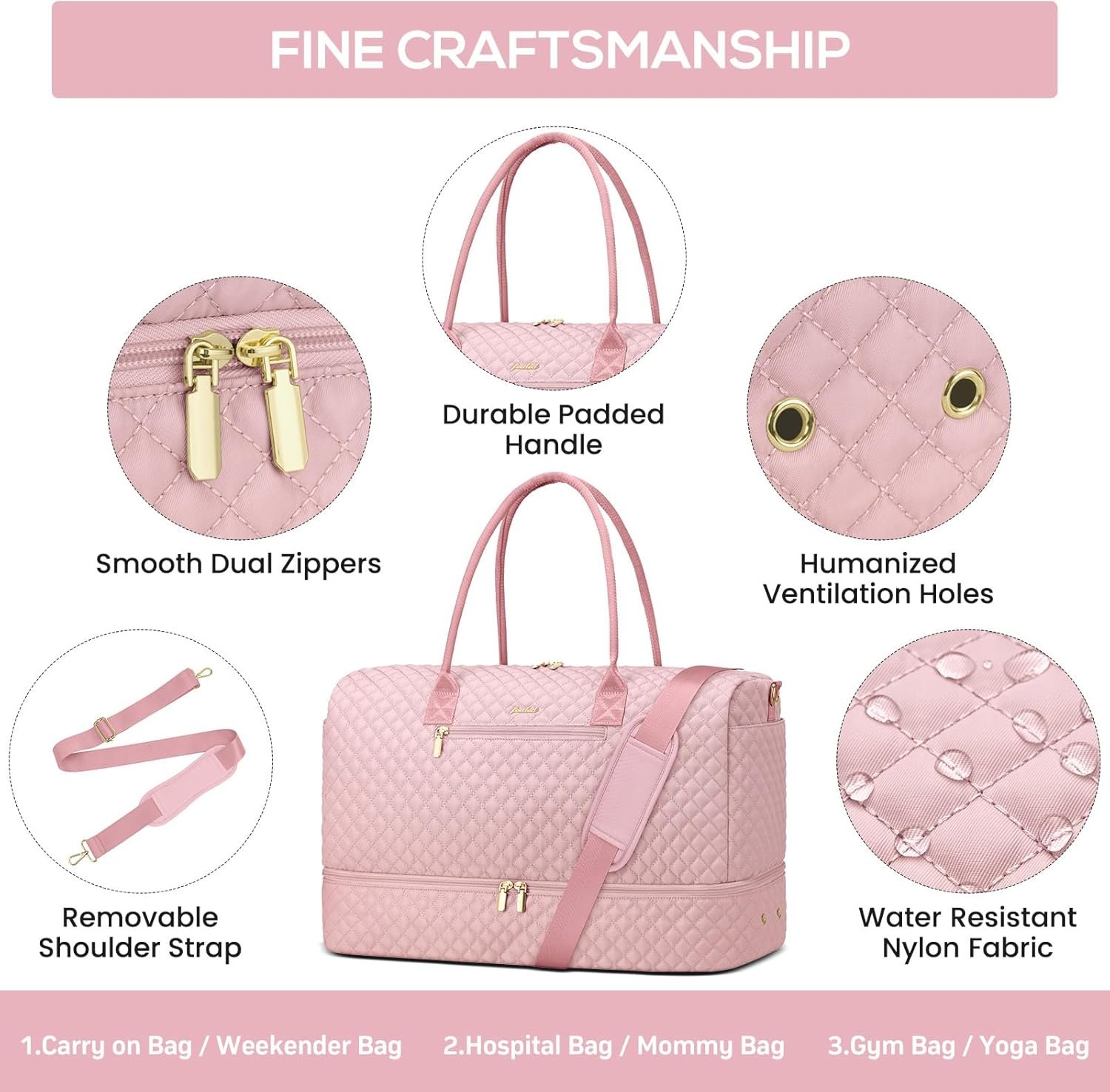 Custom Logo Womens Travel Weekender Duffle Bags with Shoe Compartment Private Label Carry-On Overnight Duffel Bag with Toiletry Bag Wet Pocket for Gym Hospital Labor Delivery Pink Manufacturer