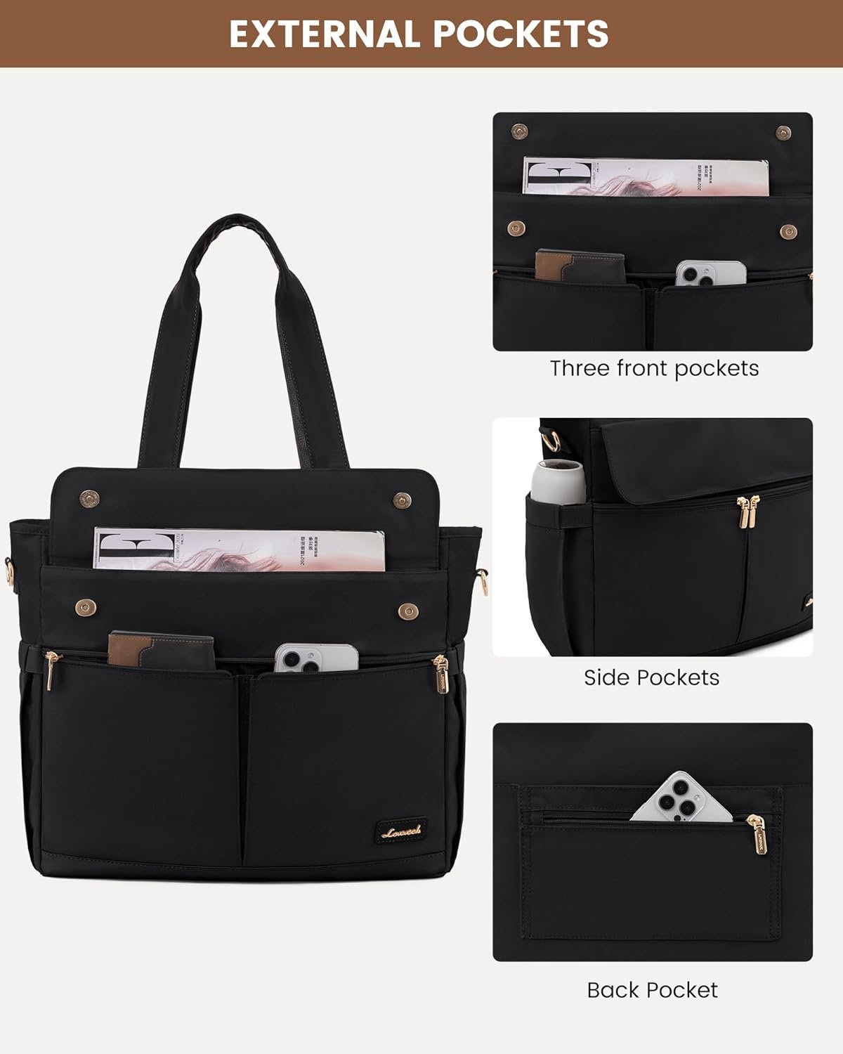 Private Label Teacher Tote Bag for Women 15.6 Inch Laptop Bag with Large Cup Pocket Custom Logo Large Capacity Multi Pockets Nurse Work Bag Professional Briefcase Business Purse Handbag Gifts Manufacturer Black
